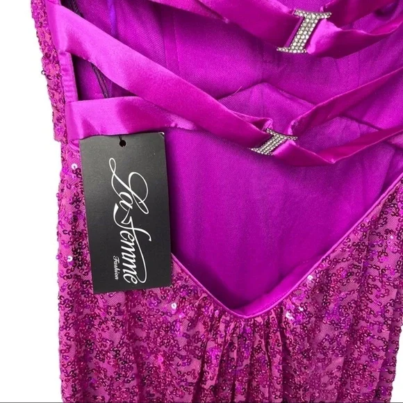 La Femme Strapless Sequin Gown Magenta Pink Cross Back Size 2 Prom Wedding Prom - Picture 10 of 13